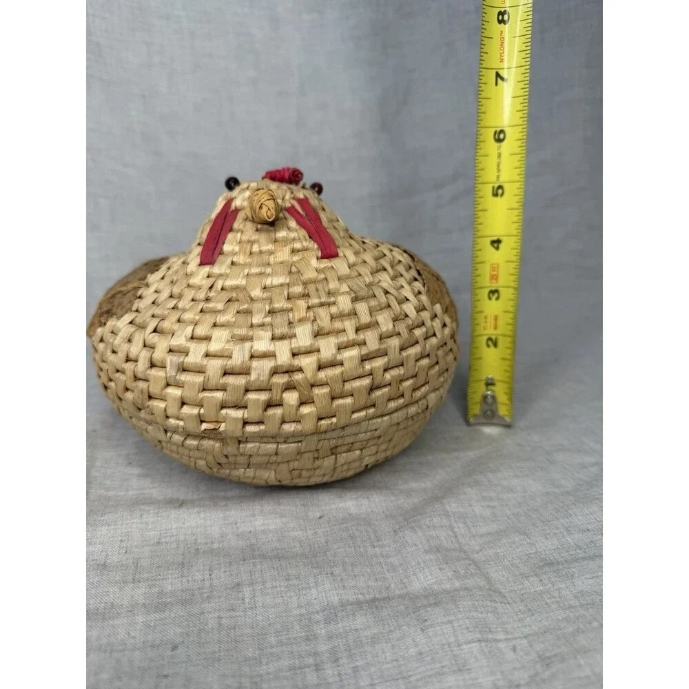 Vintage Rooster Chicken Handmade Woven Wicker Basket W/Lid Boho Rattan Farmhouse